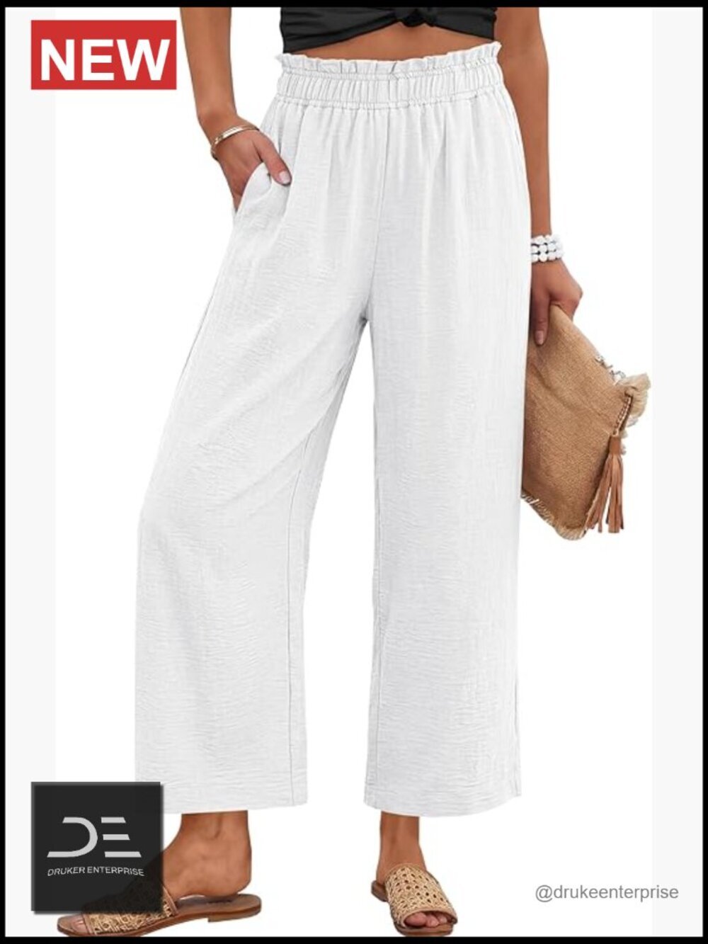 Wide Leg Cropped Palazzo Pants with Pockets Elastic High Waist Flowy Lightweight